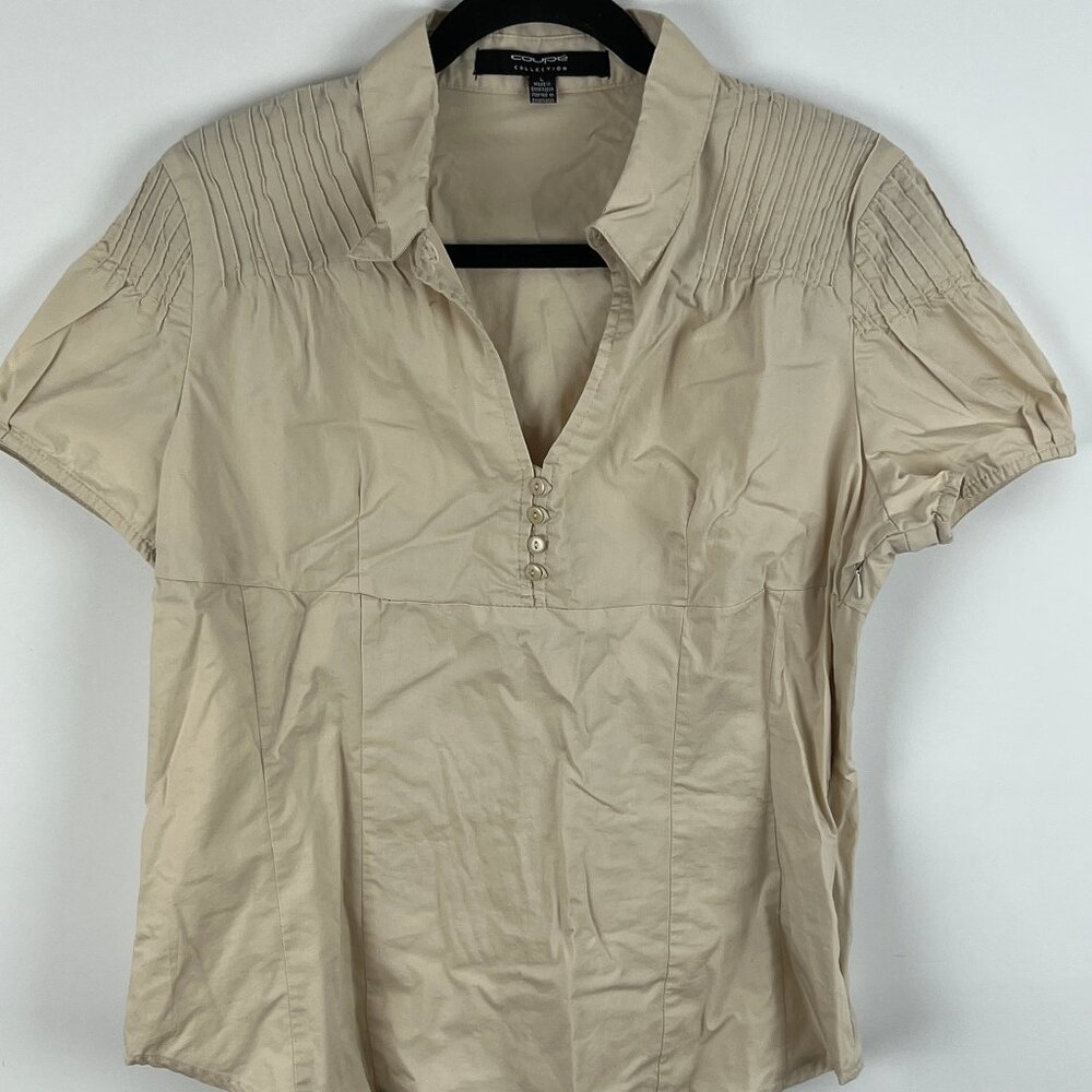 Coupe Collection Top Blouse Size L Beige Short Cap Sleeve Collared V Neck Button